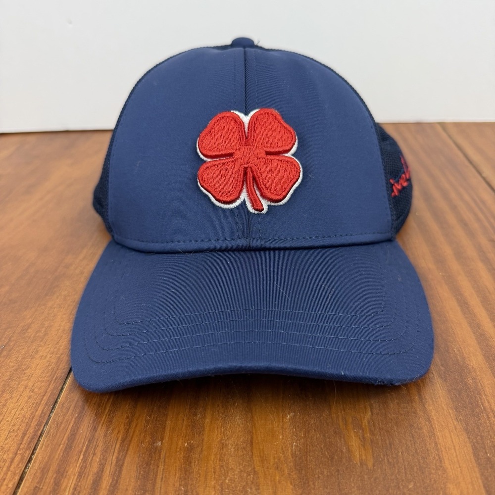 Black Clover Flex Golf Hat Cap Live Lucky Navy Blue Red Clover Mesh Back L/XL
